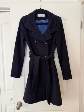 T Tahari Navy Wool Blend Coat with Navy Lining